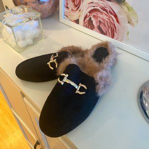 Black Suede Brogue Mules with fur lining US7